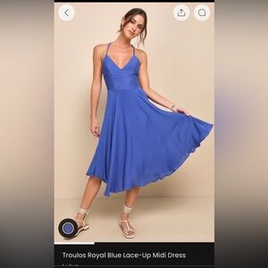 Troulos Royal Blue Lace-Up Midi Dress